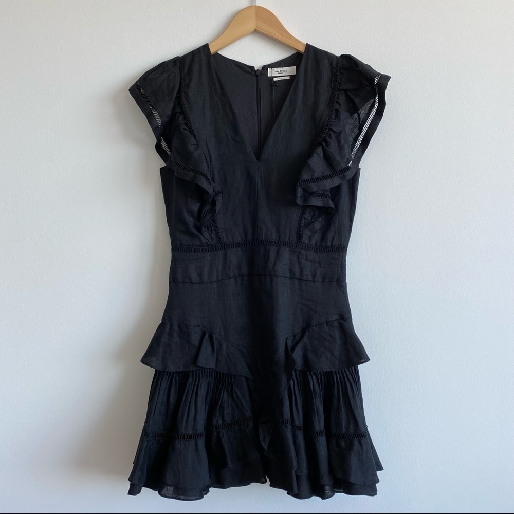 Isabel Marant Etoile Black Linen Audrey Ruffle V-neck Mini Dress